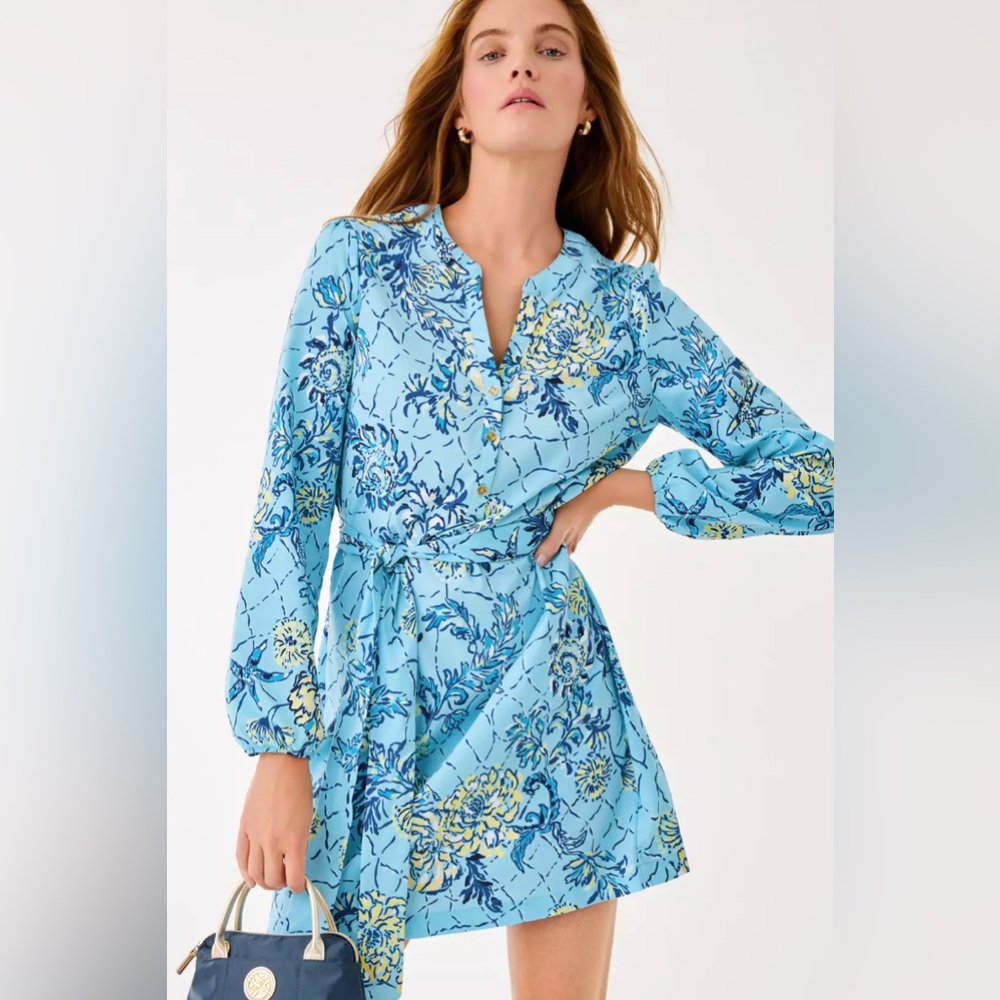 Lilly Pulitzer Ensley Long Sleeve Dress in Bellevue Blue Breakers Beach Print